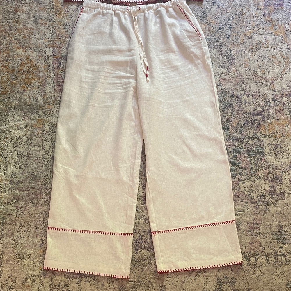 Calypso St. Barth Cream Sleeveless Linen Tank with Red Trim And Matching Pants
